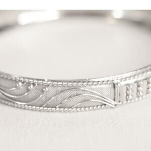 Silver Tone Bangle Bracelet Ornate Filagree Overlay